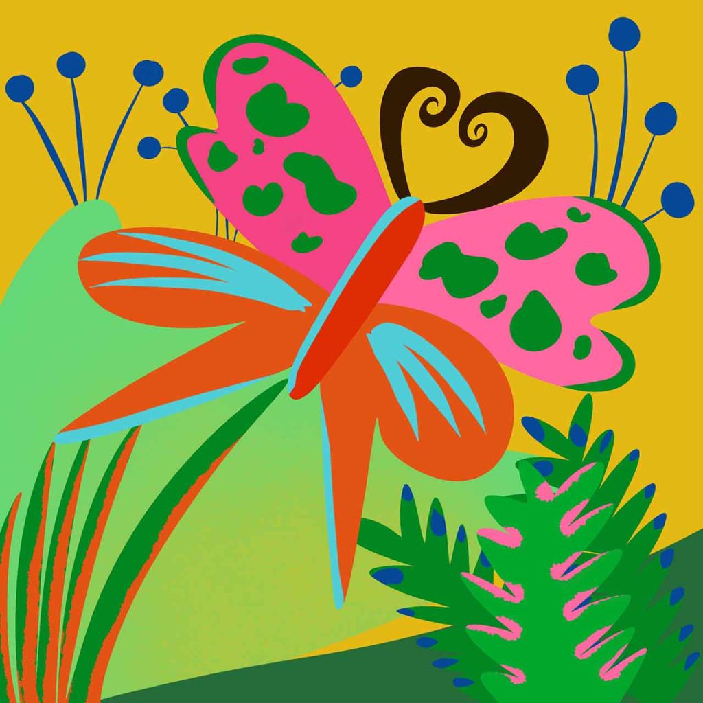 The illustration shows a colorful butterfly flying among green leaves and imaginary flowers. The illustration has bold and vibrant colors, round shapes and warm textures.