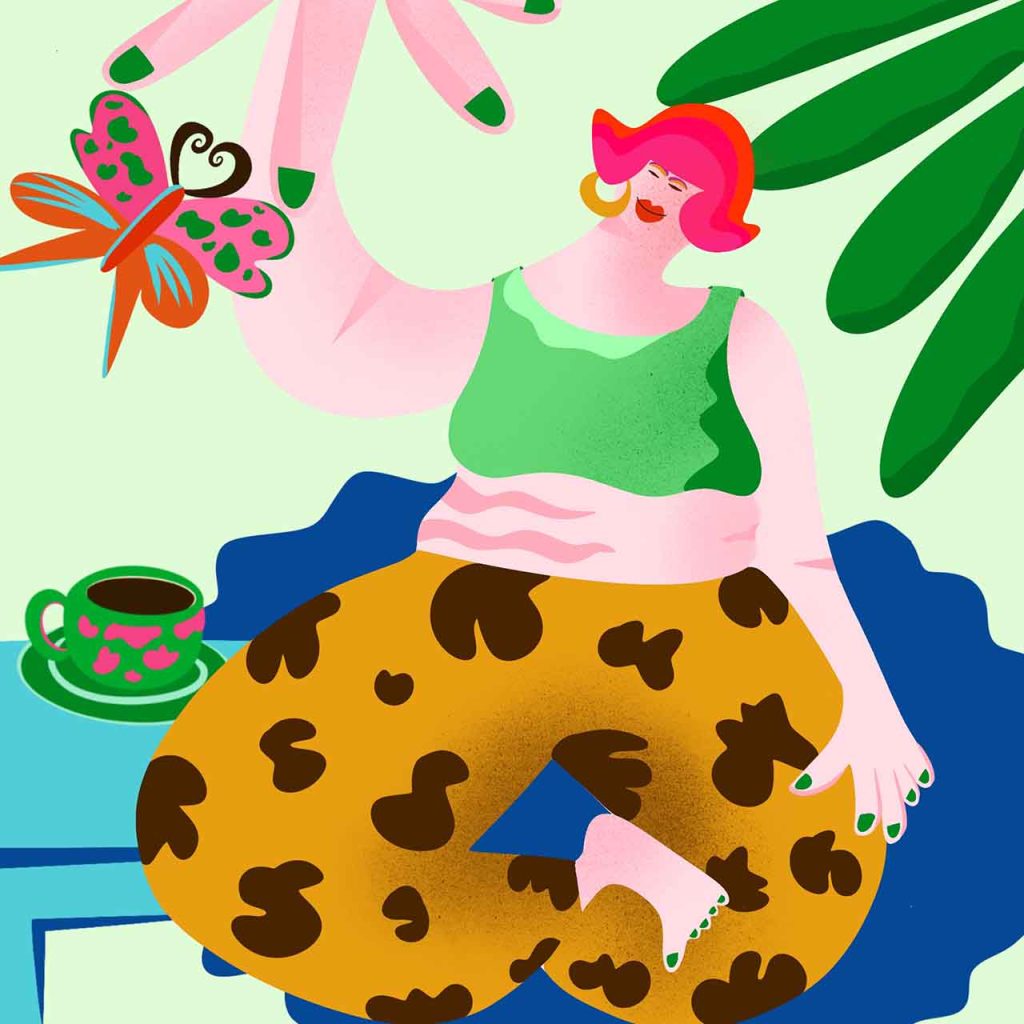 The illustration shows a happy and content woman enjoying a cup of black coffee. She sits under a palm tree and has a colorful butterfly on her hand. The illustration has bold and vibrant colors, round shapes and warm textures.