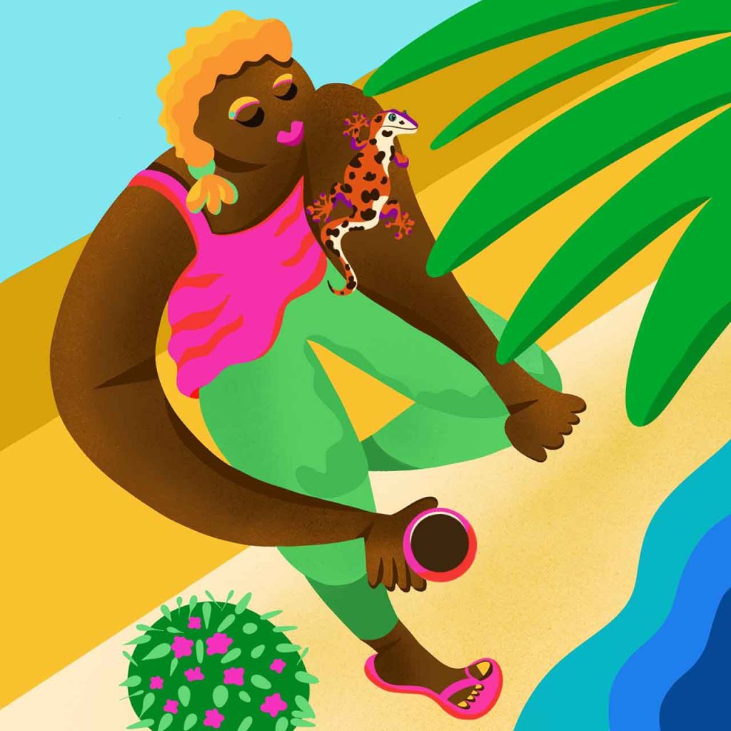 The illustration shows a woman enjoying her coffee on a bench in the sun by the sea. She has a gecko on her arm. The illustration has bold and vibrant colors, round shapes and warm textures.