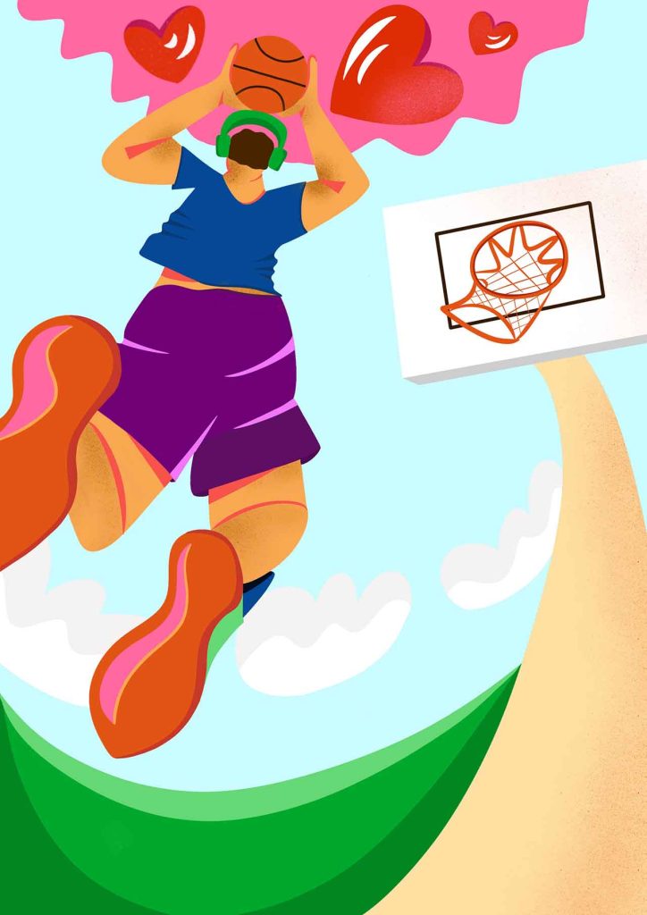 The illustration shows a man jumping high with a basketball between his hand. He is wearing headphones- And from his headphones a pink cloud with bis hearts is emanating. The illustration has bold and vibrant colors, round shapes and warm textures.