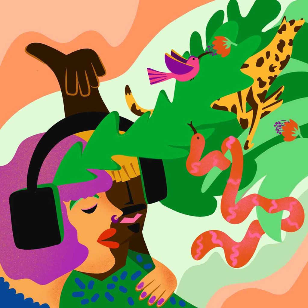 The illustration shows a couple sharing their headphones around both heads. From the headphones a jungle scene is emanating. It shows green leaves, a colorful bird, a cheetah and a snake. The illustration has bold and vibrant colors, round shapes and warm textures.