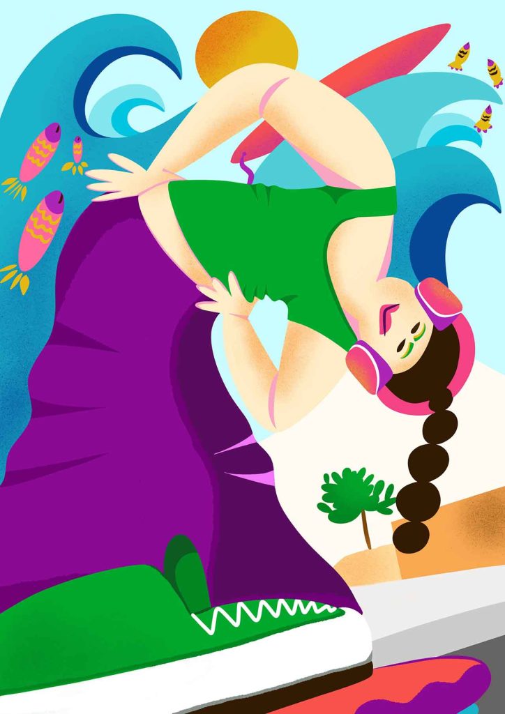 The illustration shows a woman with her headphones on. Emanating from the headphones are ocean waves and fish, a surfboard and the yellow sun. The woman wears a green top, lila jeans and sneakers and is standing on her skateboard in a grey street. The illustration has bold and vibrant colors, round shapes and warm textures.
