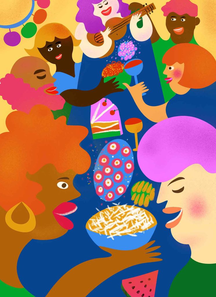 The illustration shows a group of friends enjoying eating together and making music. The illustration has bold and vibrant colors, round shapes and warm textures.