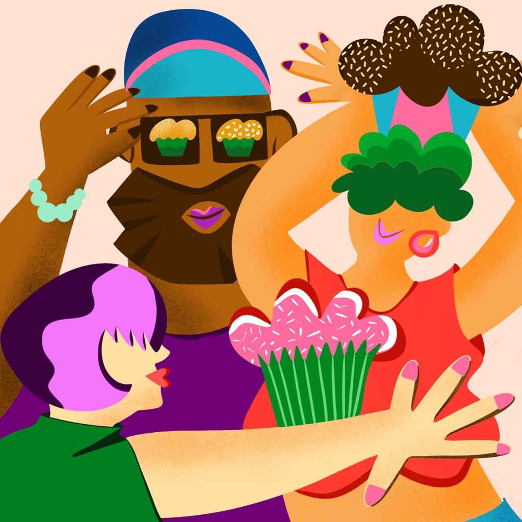 The illustration shows three people with muffins. The muffins are very colorful and delicious. One man has sunglasses with muffins on both glasses. A woman carries a big muffin on her head. And another woman has a big muffin sitting on her arm right before her lips. The illustration has bold and vibrant colors, round shapes and warm textures.