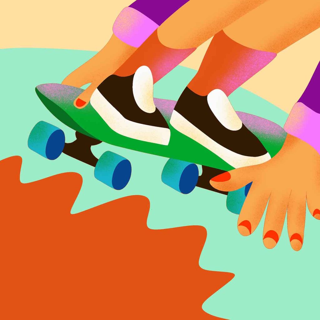 The illustration shows the feet of a woman on a skateboard. She is wearing sneakers and holds her hand out with red fingernails to skate faster. The illustration has bold and vibrant colors, round shapes and warm textures.
