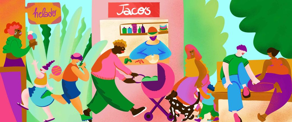 The illustration shows summer life in the park. There are children buying ice cream and carrying a ball to play. Parents are strolling with their children. A man in a taco stand offers fresh tacos and burritos. and a couple on a bench is having a good talk. There are trees all around. The illustration has bold and vibrant colors, round shapes and warm textures.