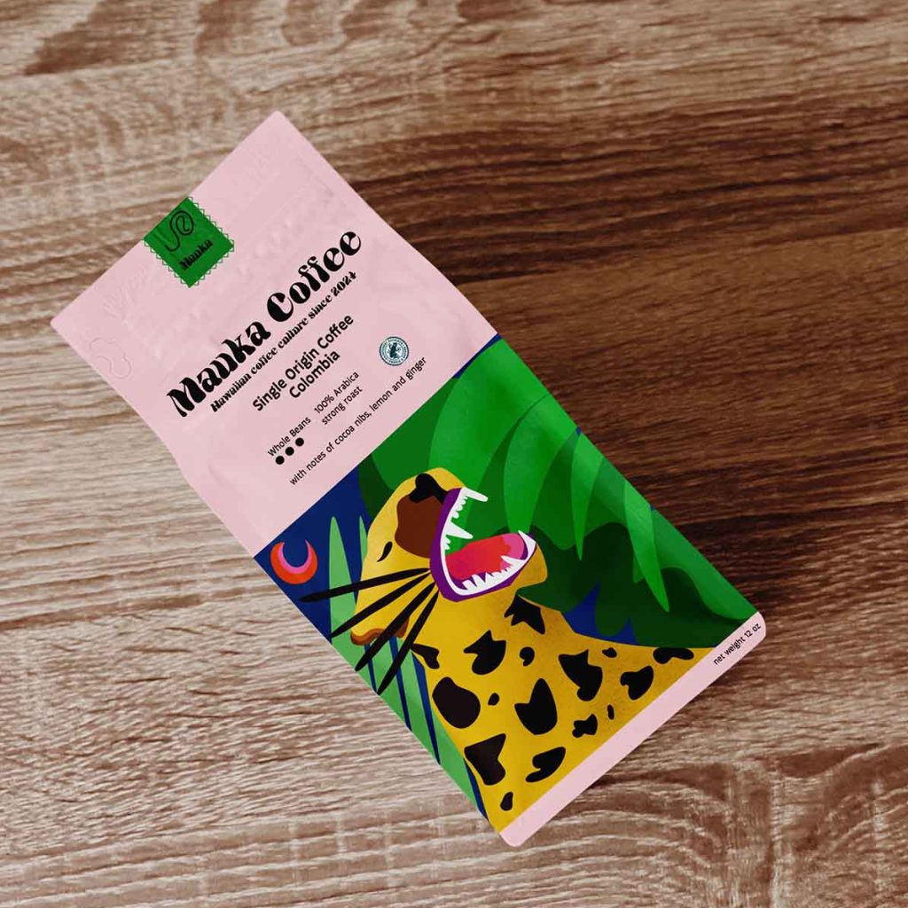 The photo shows a coffee bag on a wooden stool. The coffee bag is salmon orange and has an illustration with a cheetah on it. The illustration has bold and vibrant colors, round shapes and warm textures.