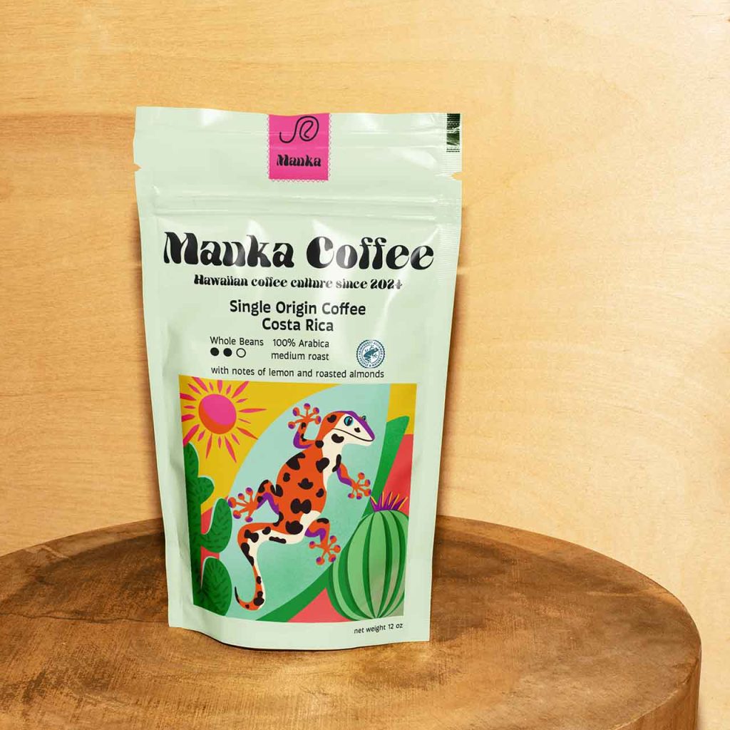 The photo shows a coffee bag on a wooden stool. The coffee bag is mint green and has an illustration with a gecko on it. The illustration has bold and vibrant colors, round shapes and warm textures.