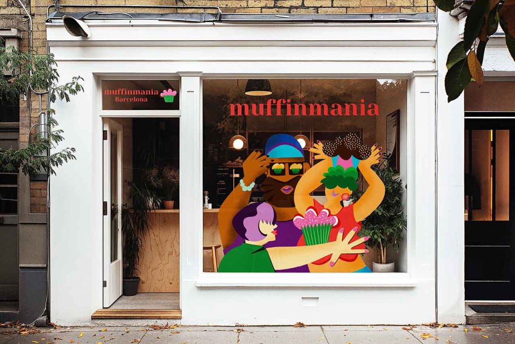 The photo shows a cafe window with an illustration on the window. The illustration shows three people holding big muffins and having muffins on their sunglasses. The illustration has bold and vibrant colors, round shapes and warm textures.