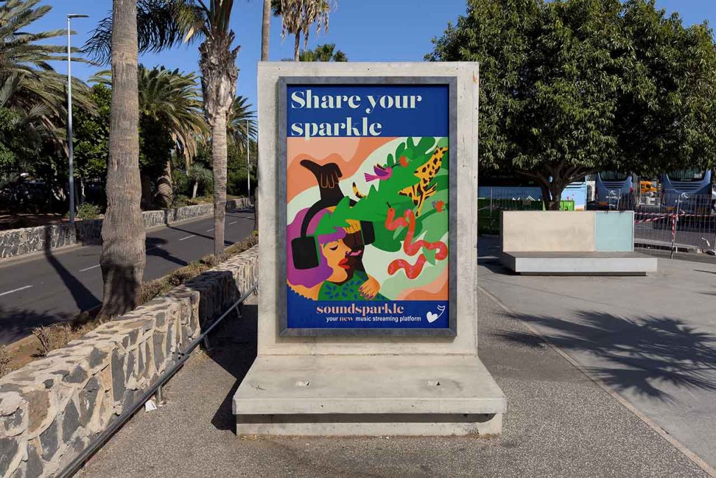 The photo shows a street poster in a sunny street with palm trees. The poster has an illustration on it showing a couple sharing their headphones. From the headphones an illustrated jungle is emanating. It is a commercial poster for a music streaming platform. The illustration has bold and vibrant colors, round shapes and warm textures.