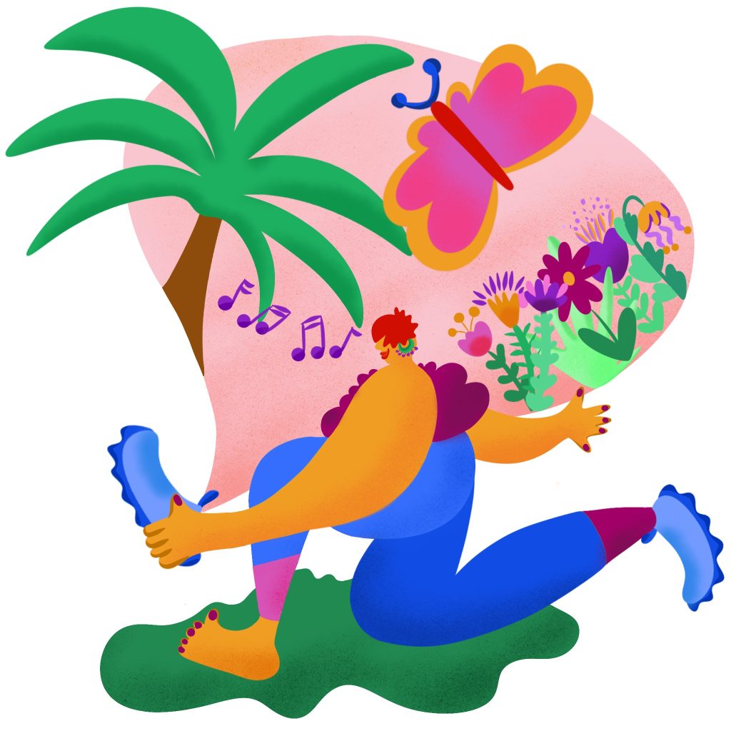 The illustration shows a woman in running clothes, who is ready to put her running shoe on. From the shoe spreads a colorful scenery of nature. It shows a palm tree, a butterfly, music notes, and flowers. The colors are vibrant, bold, and joyful.