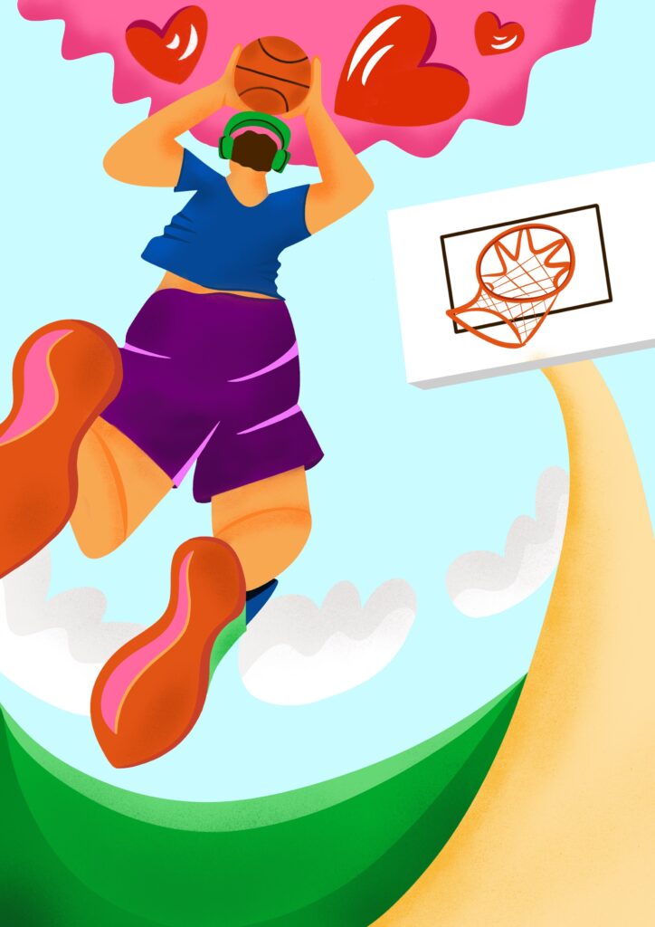 The illustration shows a man jumping high with a basketball between his hand. He is wearing headphones- And from his headphones a pink cloud with bis hearts is emanating. The illustration has bold and vibrant colors, round shapes and warm textures.