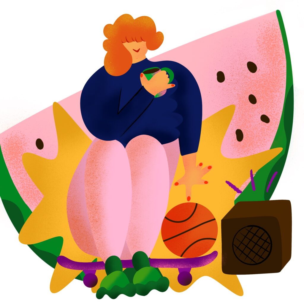 This illustration shows Nicole Walter. A woman is sitting relaxed on a skateboard with a cup of coffee in her hand. Her other hand is resting on a basketball. Behind her is a delicious, giant slice of watermelon. The illustration has bild and vibrant and saturated colors.