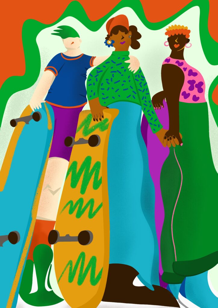 The illustration shows three friends standing together with their skateboards in their hands. The illustration has bold and vibrant colors, round shapes and warm textures.