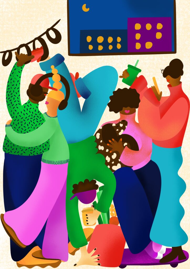 This illustration shows a group of people riding together in the subway. The subway is crowded, so they stand very close to one another. A couple is listening to music together. A man is standing upside down to fit in and carries his tea mug. A woman is sitting next to him carrying her dog in her arms. And another woman is standing beside her watching her phone and holding her coffee mug in her hand. The illustration has bold and vibrant and saturated warm colors.