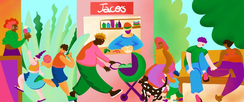 The illustration shows summer life in the park. There are children buying ice cream and carrying a ball to play. Parents are strolling with their children. A man in a taco stand offers fresh tacos and burritos. and a couple on a bench is having a good talk. There are trees all around. The illustration has bold and vibrant colors, round shapes and warm textures.