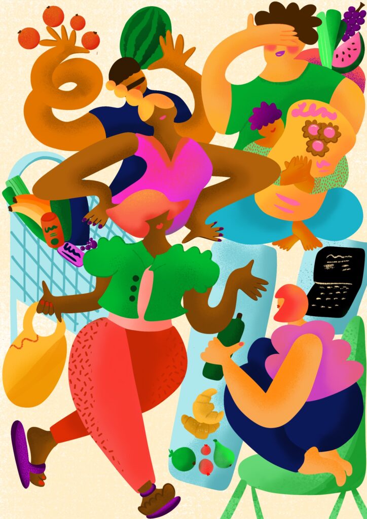 This illustration shows a group of people together in the supermarket. One woman is sitting behind the cashier, holding a bottle of wine in her hands. Another woman is standing in front of her and talking to her. A mother and her son are waiting in line with a bag of cookies and vegetables in their hands and bags. A man raises his arms with oranges and a watermelon. And another woman is also waiting in line beside her shopping trolley filled with fruits, bottles and packagings. This illustration has bold, vibrant and warm colors.
