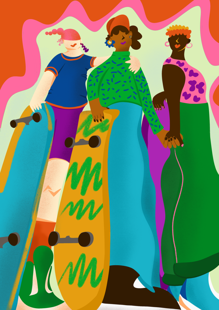 The illustration shows three friends standing together with their skateboards in their hands. The illustration has bold and vibrant colors, round shapes and warm textures.