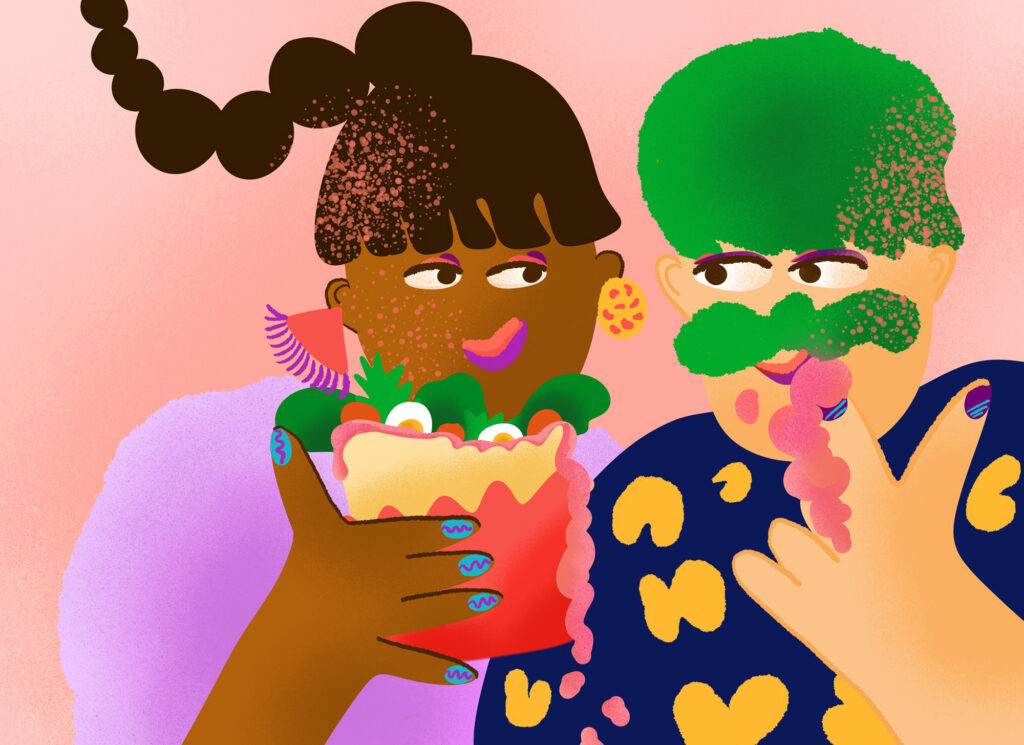 This illustration shows a woman and a man in bright and friendly colors. They are obviously flirting with their eyes and smiles. The woman has a sandwich in her hand and the man is tasting the sauce. The colors of the illustration are bold, vibrant, and warm.