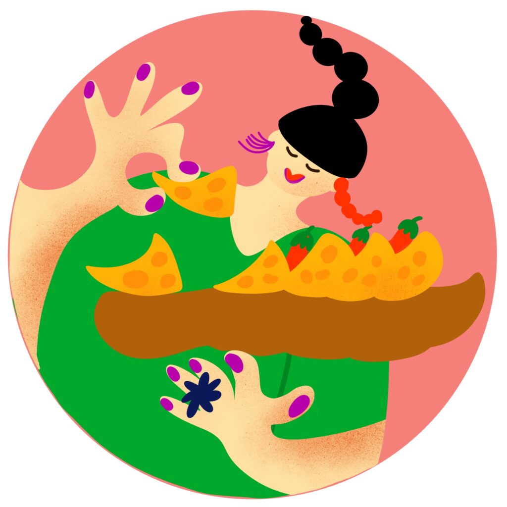 This illustration shows a joyful woman eating a cheese baguette and deliciously squeezing a slice of cheese between her fingers. The illustration style is playful, and the colors are vibrant and bold.