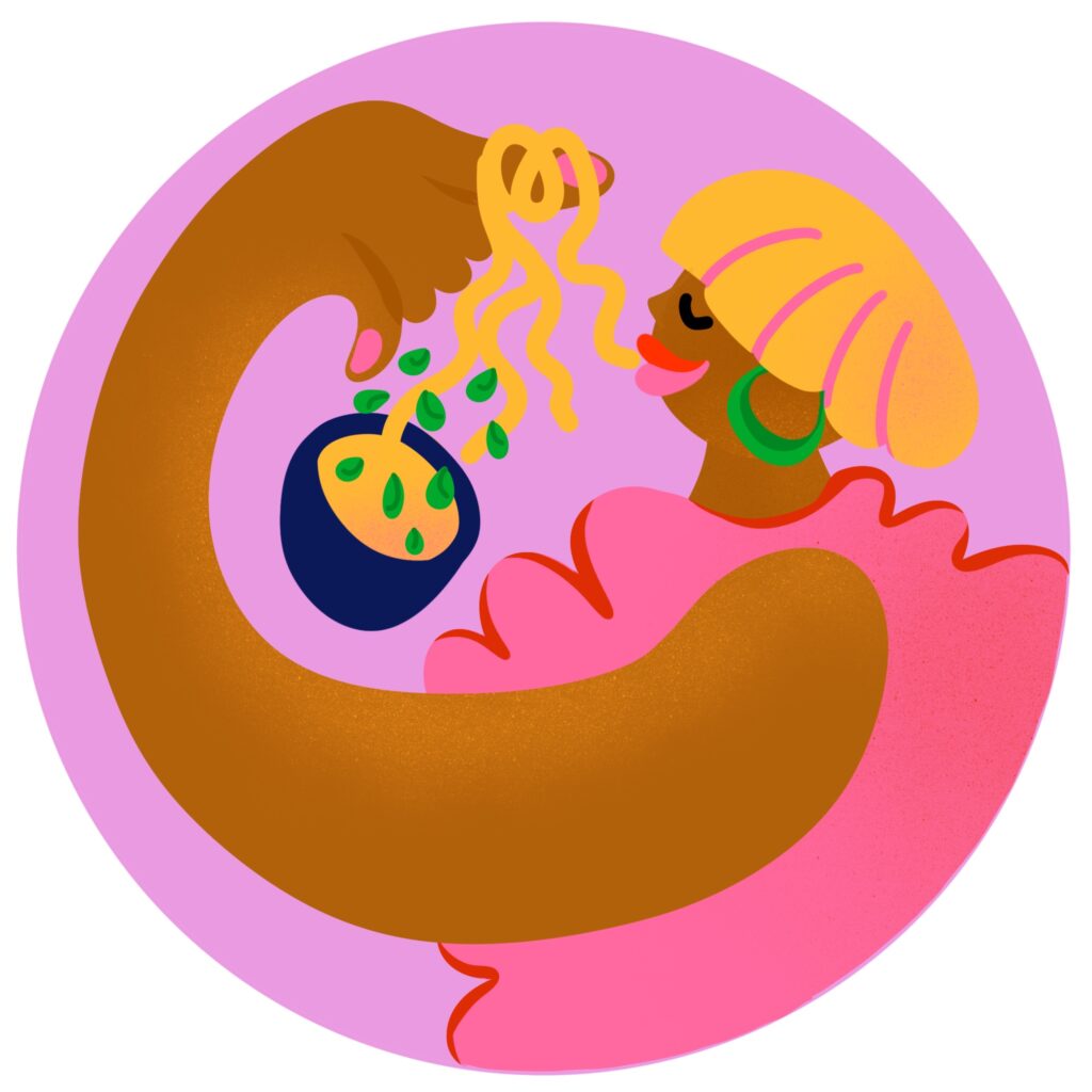 This illustration shows a joyful woman eating a ramen soup and juggling some noodles around her finger and into her mouth. The illustration style is playful, and the colors are vibrant and bold.