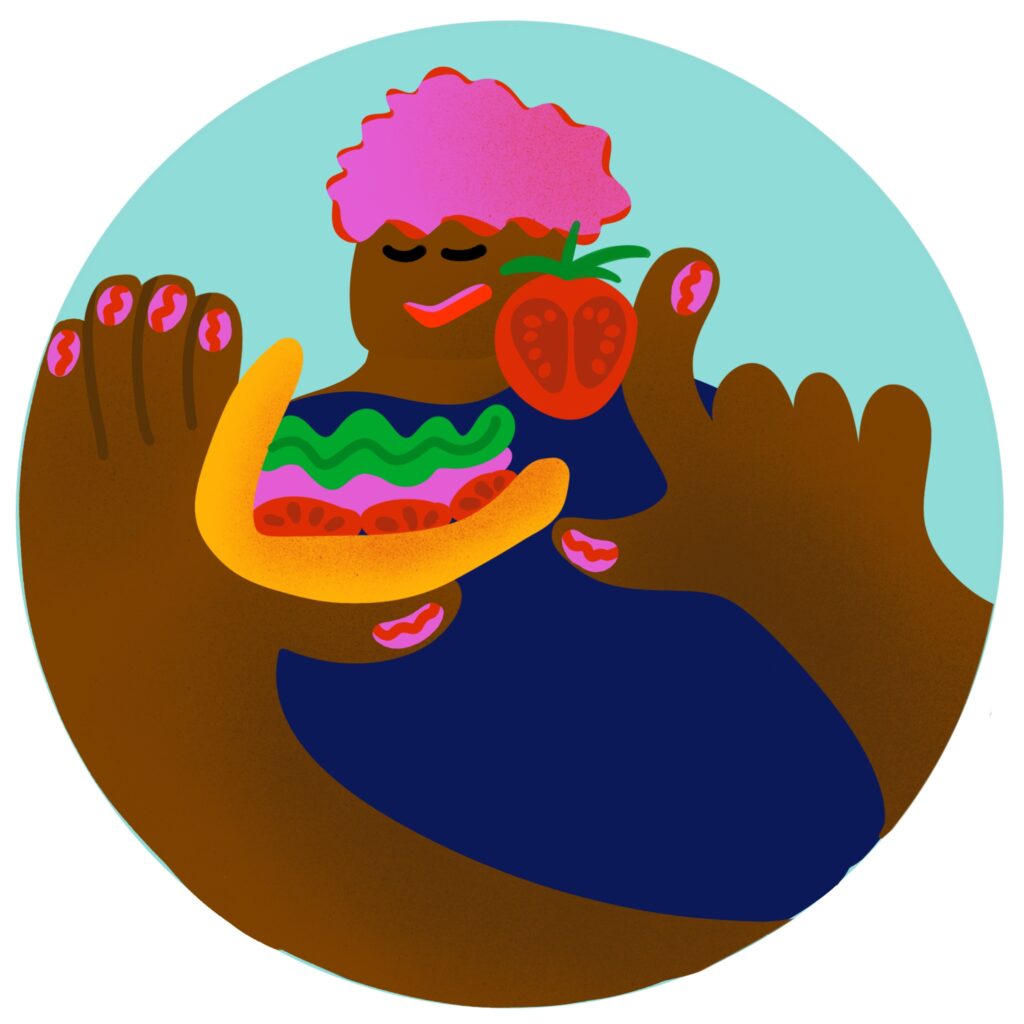 This illustration shows a joyful man balancing a deliciously looking taco in his hands and kicking a tomato slice into the taco with his finger. The illustration style is playful, and the colors are vibrant and bold.