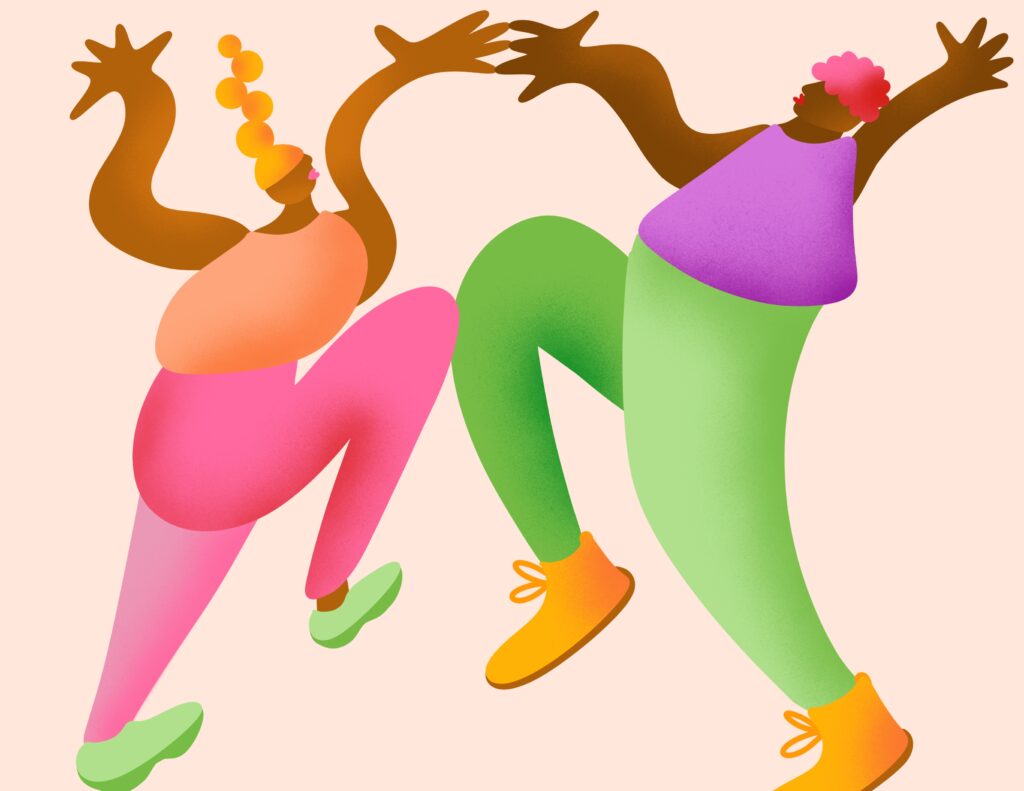 This illustration shows a couple dancing with joy and happiness. The shapes are round and organic and the colors are a vibrant orange, pink, and green.