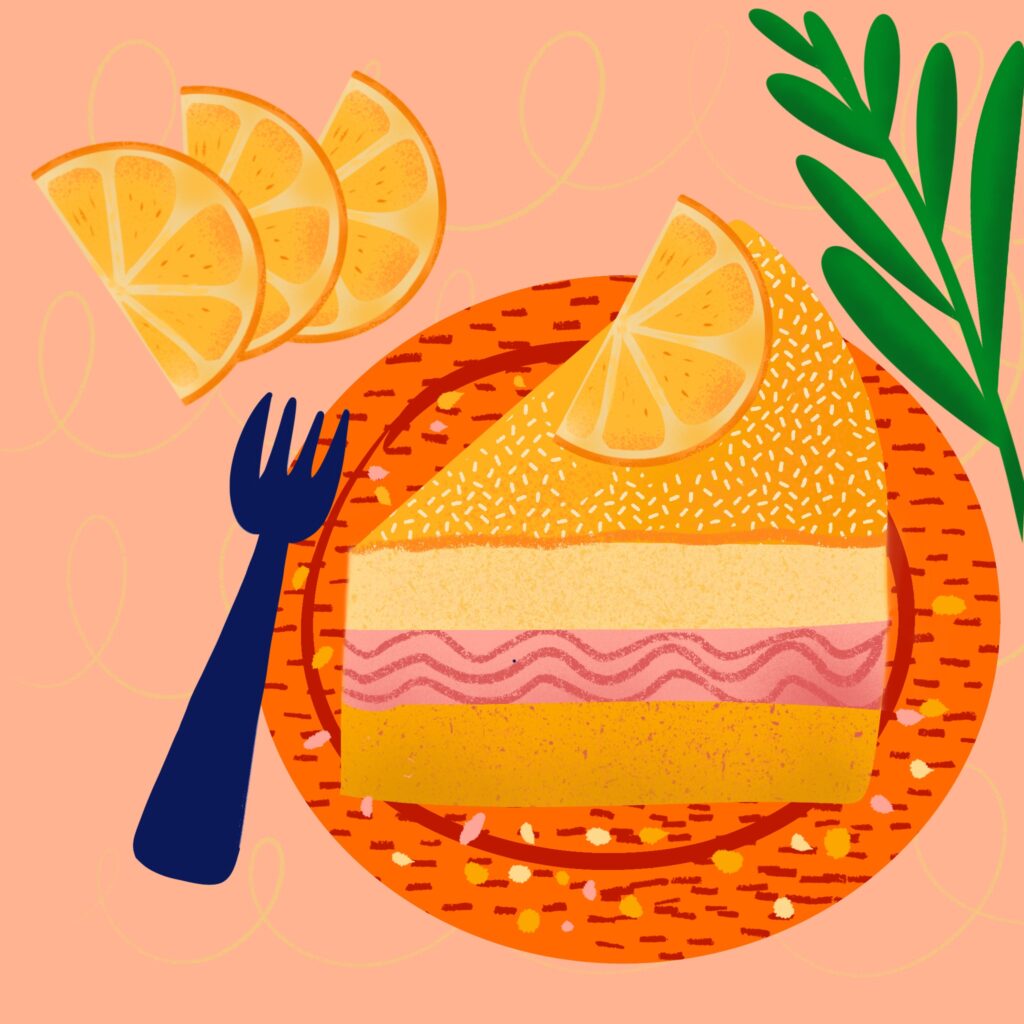 The illustration shows a piece of lemon cake on an ornamented orange plate. The colors of the illustration are vibrant and warm.