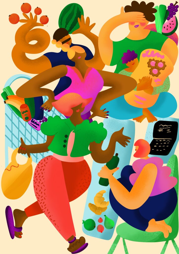 The illustration shows a scene in the supermarket. People waiting in line with hands and carts full of groceries, a child is begging for a big bag of cooking. Meanwhile the cashier keeps her cool and works patiently. The colors of the illustration are vibrant and bold and warm.