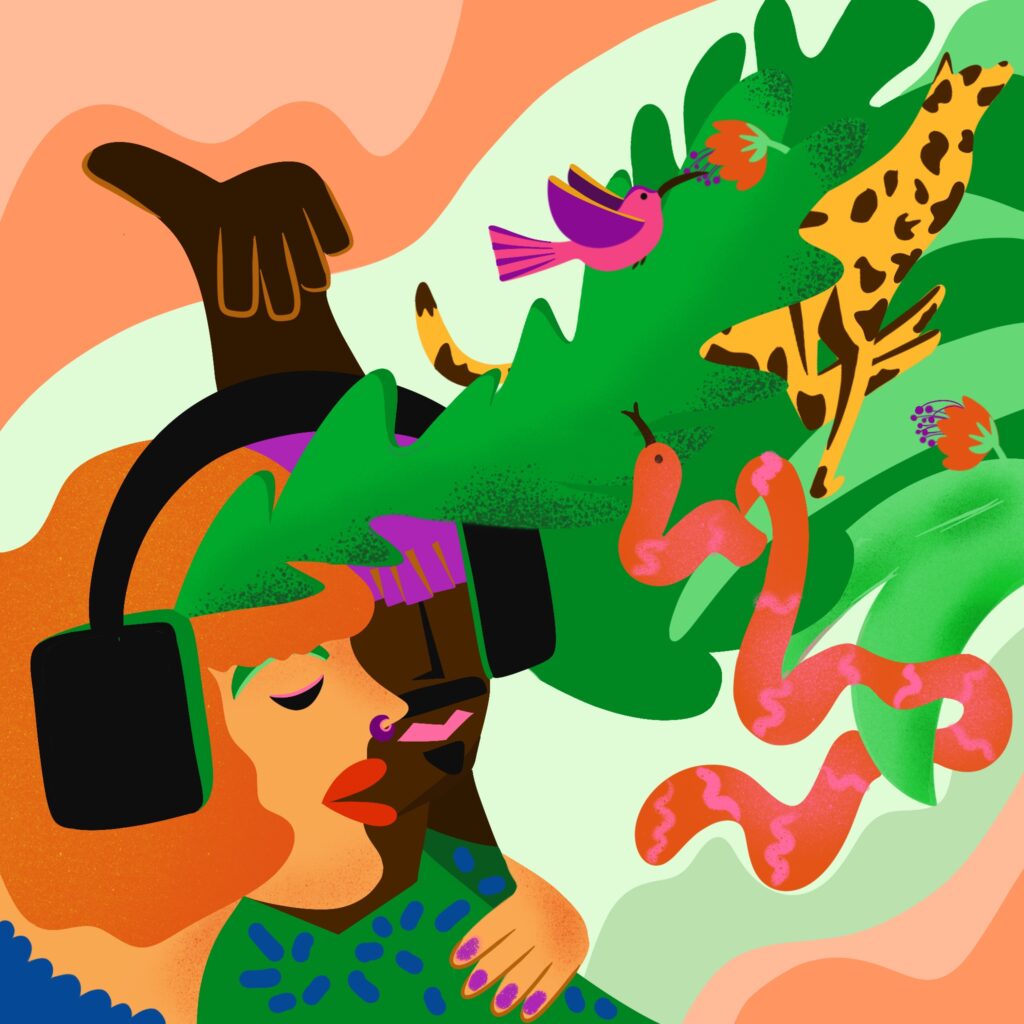 The illustration shows a couple sharing their headphones around both heads. From the headphones a jungle scene is emanating. It shows green leaves, a colorful bird, a cheetah and a snake. The illustration has bold and vibrant colors, round shapes and warm textures.