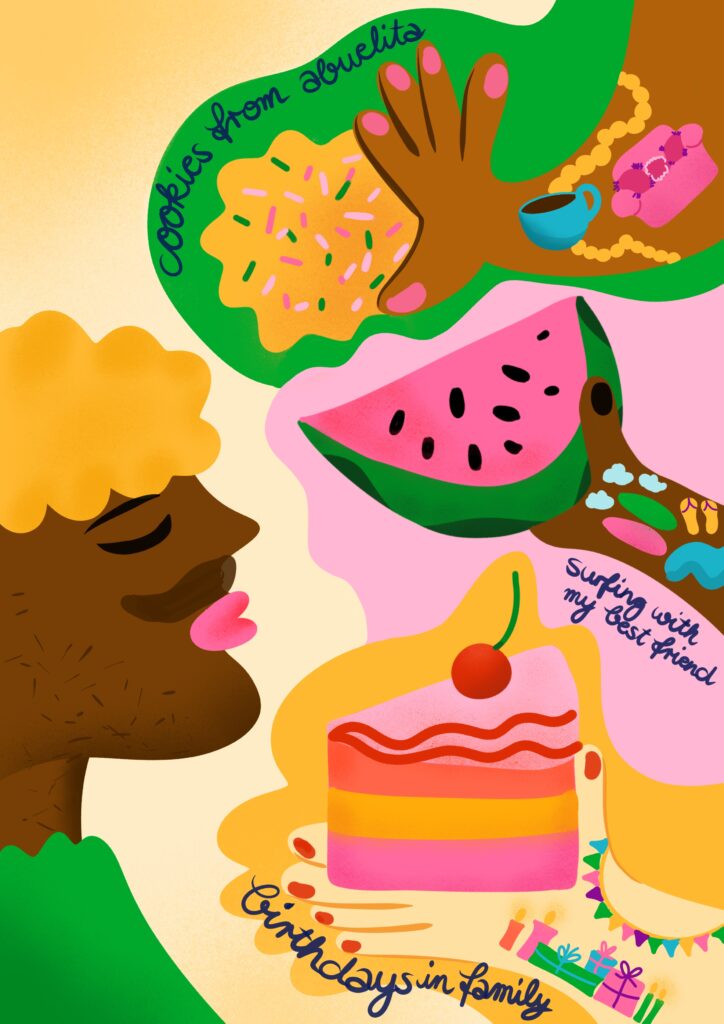 The illustration is showing the face of a happy young man. Three hands are shown offering him food. The hand of his grandma is offering him a delicious looking cookie. The hand of his friend is offering him a piece of watermelon. And the hand of a woman is offering him a piece of birthday cake. The arms belonging to the hands have tattoos on them. The colors are happy, warm, and vibrant.