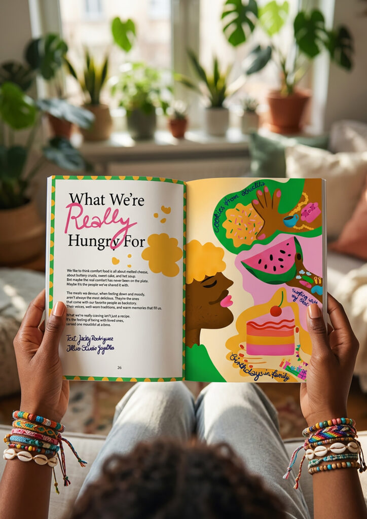 The image shows the hands of a young woman holding a magazine, while she is sitting on her sofa in the living room. The magazine spread shows the title of the article "What We are really hungry for" and a teaser on the left side. The right side is filled with an illustration. The illustration is showing the face of a happy young man. Three hands are shown offering him food. The hand of his grandma is offering him a delicious looking cookie. The hand of his friend is offering him a piece of watermelon. And the hand of a woman is offering him a piece of birthday cake. The arms belonging to the hands have tattoos on them. The colors are happy, warm, and vibrant.