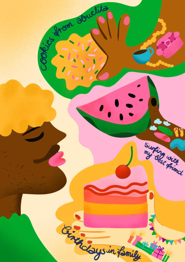 The illustration is showing the face of a happy young man. Three hands are shown offering him food. The hand of his grandma is offering him a delicious looking cookie. The hand of his friend is offering him a piece of watermelon. And the hand of a woman is offering him a piece of birthday cake. The arms belonging to the hands have tattoos on them. The colors are happy, warm, and vibrant.