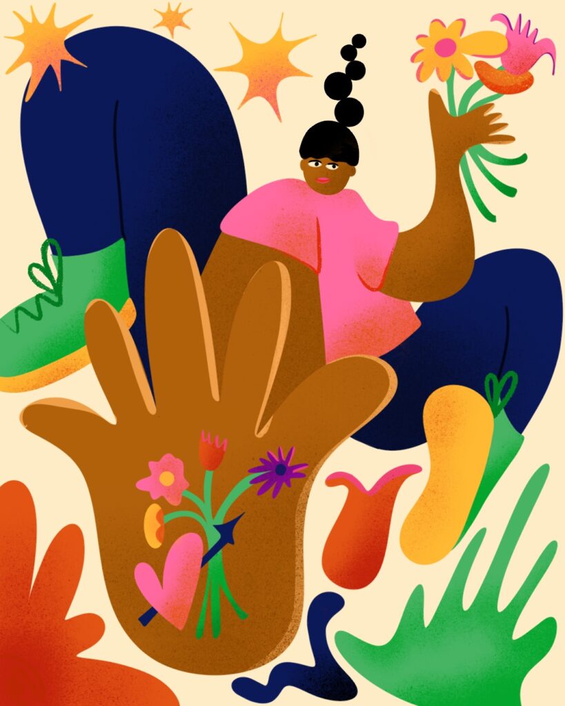 The illustration shows a woman extending her hand prominently toward the viewer, displaying her flower tattoo on her hand. In her other hand, held farther back, she is holding additional flowers. She is dressed in sporty clothing and appears full of energy. The colors are bright, vibrant, and colorful.