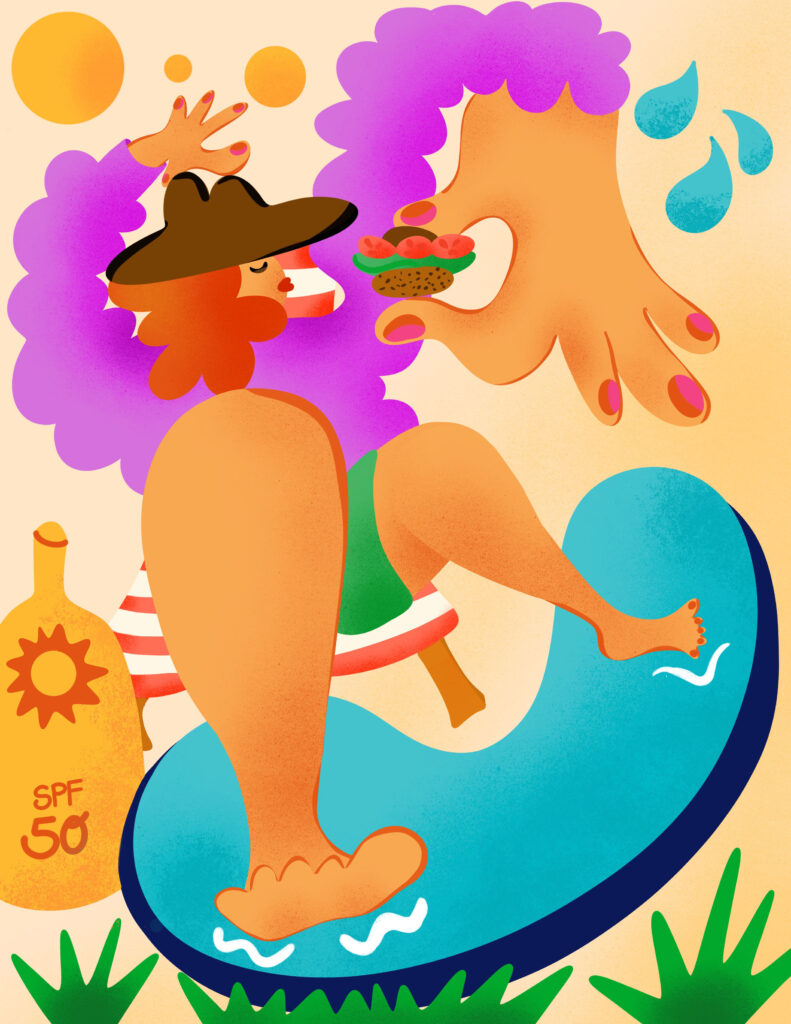 The illustration shows a woman, who is protecting herself against the heat. She has a big bottle of sun screen beside her. She has her feet in a small pool full of water. She is wearing a big hand and a long sleeve. And her hand is holding a small burger with salad and tomatoes. The colors are bright and vibrant.