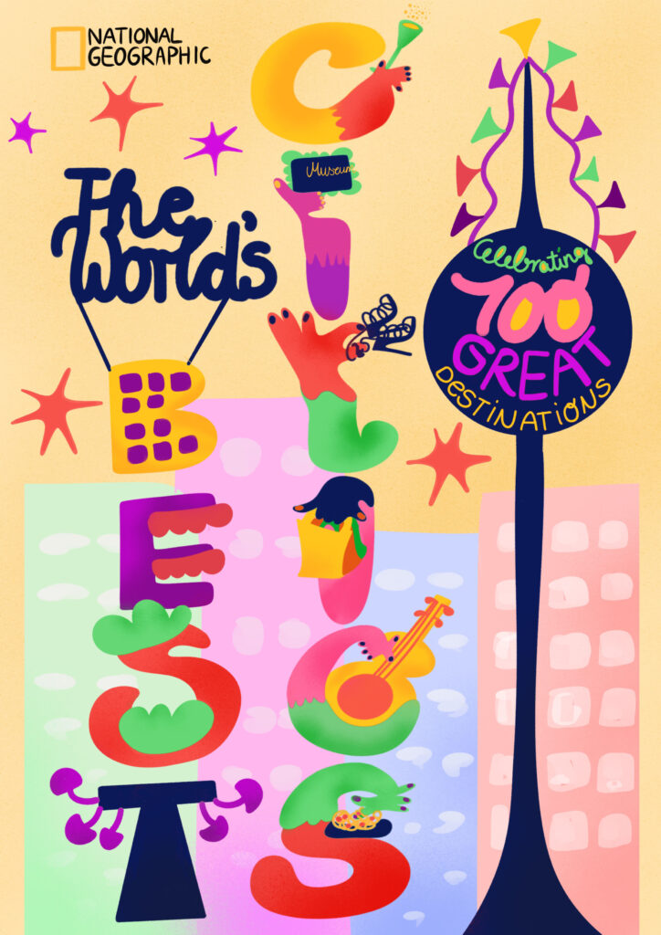 The illustration shows an illustrated book cover for the book "The World's Best Cities Celebrating 100 Great Destinations". The title is written in illustrated hand-lettering. The letter of the word Cities each show a different aspect of a city trip woven into the letter. Like going to a museum, having cocktails, trying street food, going shopping and attending a concert. The background shows high buildings in soft colors and a tower decorated with joyful flags. The colors are vibrant and warm.