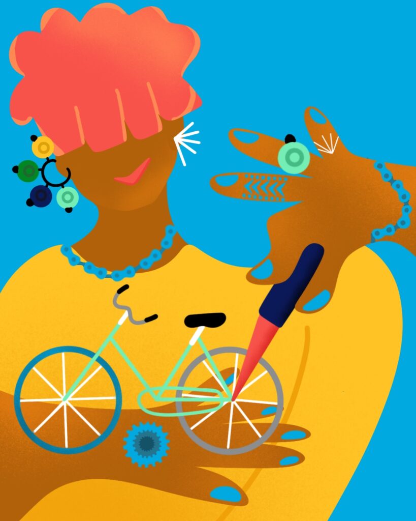 The illustration shows a woman with orange curly hair repairing a small bike, which is is holding in her hands, with a screwdriver. She is wearing earrings shaped like bike bells, rings shaped like bike spokes, and a tattoo shaped like a wheel rim. The colors are bold and vibrant.