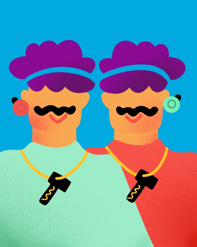 The illustration shows the faces of two male twins. They have black curly hear, earrings shaped like bike bells, and around their necks they are wearing chains with their bike keys. The colors are bold and vibrant.