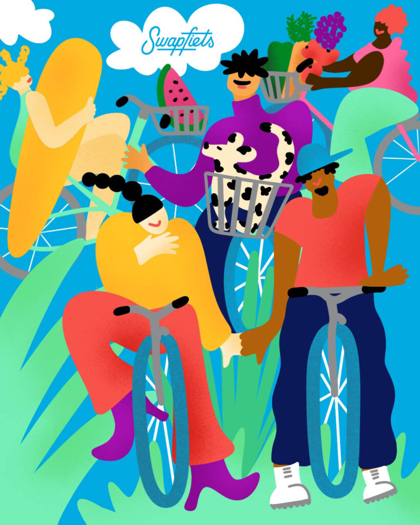The illustration shows a group of friends on bikes. A young woman is holding hands with her friend. A young man has his dog in the bike rack, a woman is carrying her surfboard on her bike, and another woman has loaded her groceries on her bike. The colors and the mood are vibrant and happy.