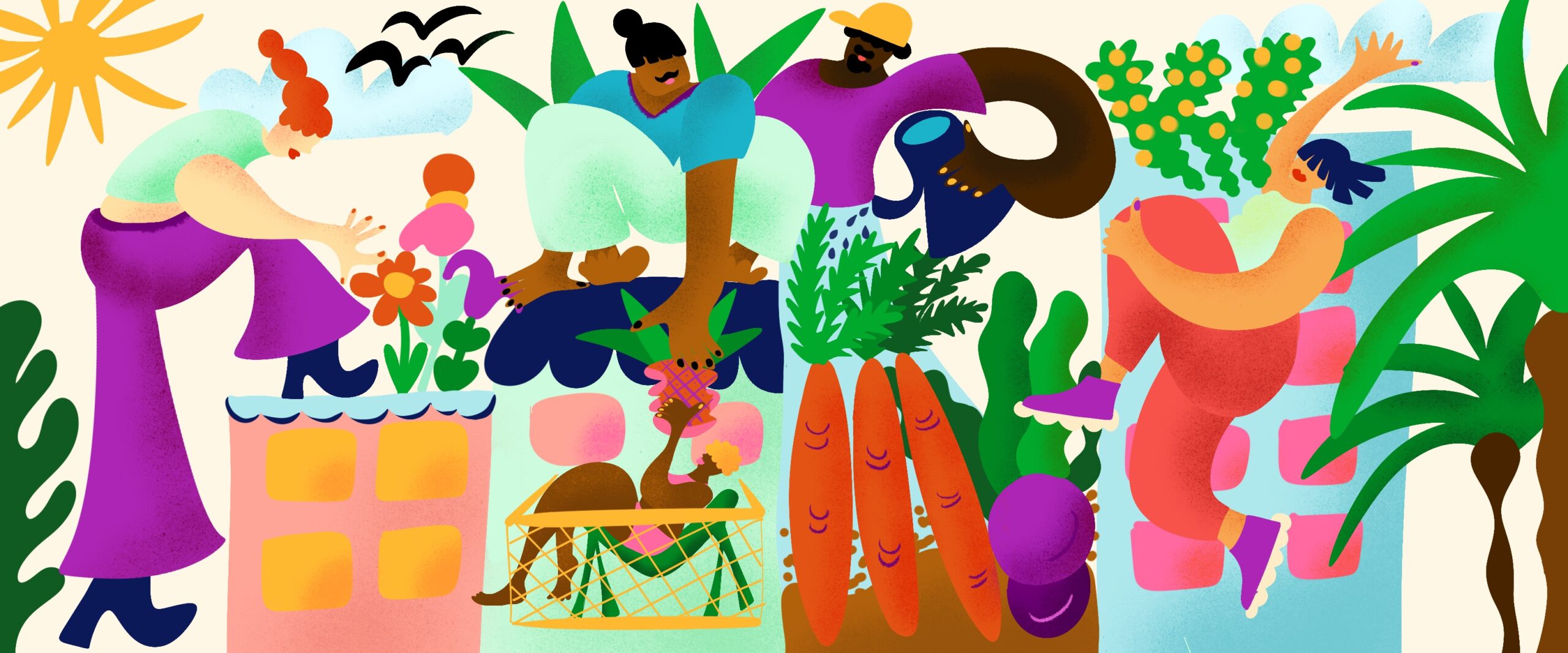 This illustration shows an urban scene with houses, people, and lots of green in streets and on the roofs. A woman is admiring a flower growing on the roofs. A man is handing down a pineapple grown on a roof to a woman relaxing on a balcony of the house. Another man is watering the green on roofs and a woman is joyfully jumping into the air to reach for the plants growing down from the roof. The colors are bold, vibrant, and happy.